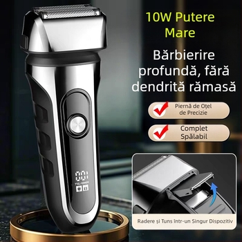 Aparat de ras electric cu cap de 3 lame reciproc, cap de tăiere plutitor, baterie încorporată 500–800 mAh, autonomie de 90 de minute, încărcare USB