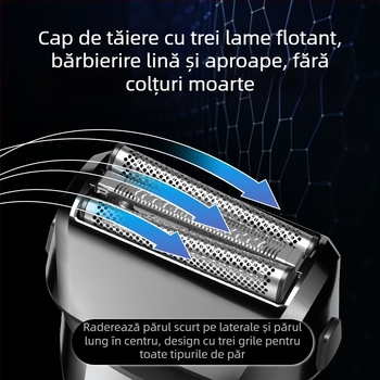 Aparat de ras electric cu cap de 3 lame reciproc, cap de tăiere plutitor, baterie încorporată 500–800 mAh, autonomie de 90 de minute, încărcare USB