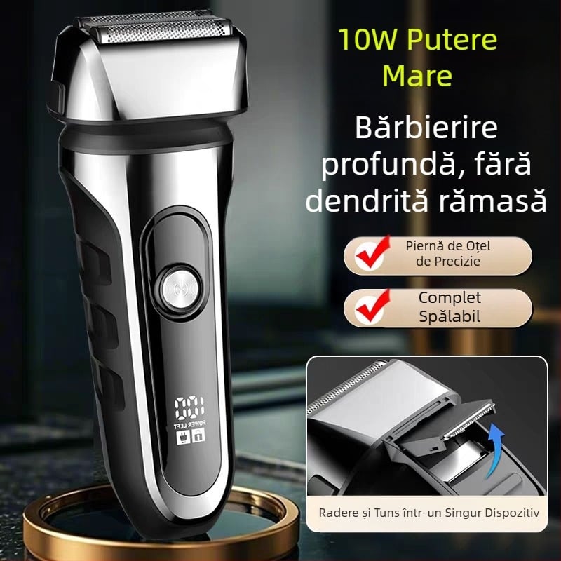 Aparat de ras electric cu cap de 3 lame reciproc, cap de tăiere plutitor, baterie încorporată 500–800 mAh, autonomie de 90 de minute, încărcare USB