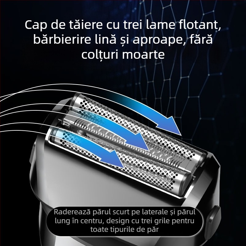 Aparat de ras electric cu cap de 3 lame reciproc, cap de tăiere plutitor, baterie încorporată 500–800 mAh, autonomie de 90 de minute, încărcare USB