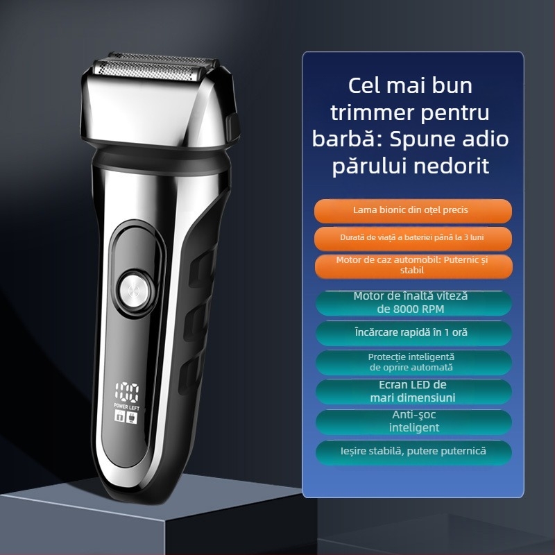 Aparat de ras electric cu cap de 3 lame reciproc, cap de tăiere plutitor, baterie încorporată 500–800 mAh, autonomie de 90 de minute, încărcare USB