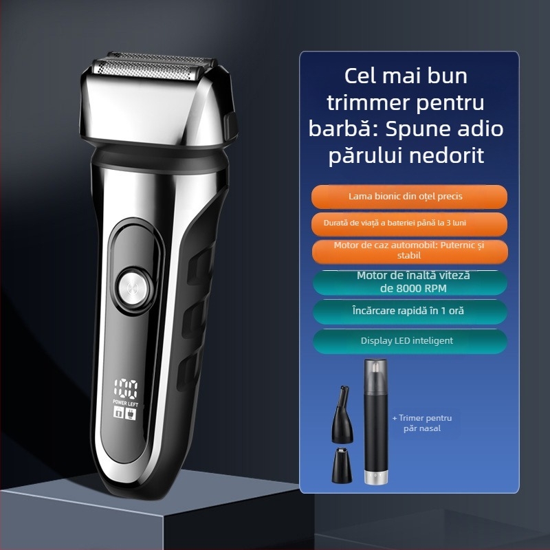 Aparat de ras electric cu cap de 3 lame reciproc, cap de tăiere plutitor, baterie încorporată 500–800 mAh, autonomie de 90 de minute, încărcare USB
