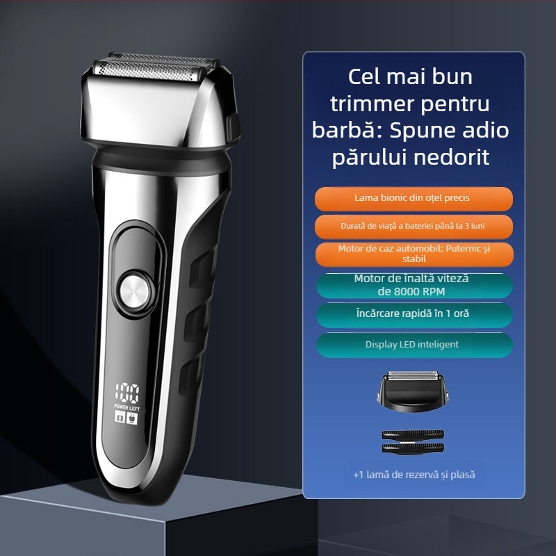 Aparat de ras electric cu cap de 3 lame reciproc, cap de tăiere plutitor, baterie încorporată 500–800 mAh, autonomie de 90 de minute, încărcare USB