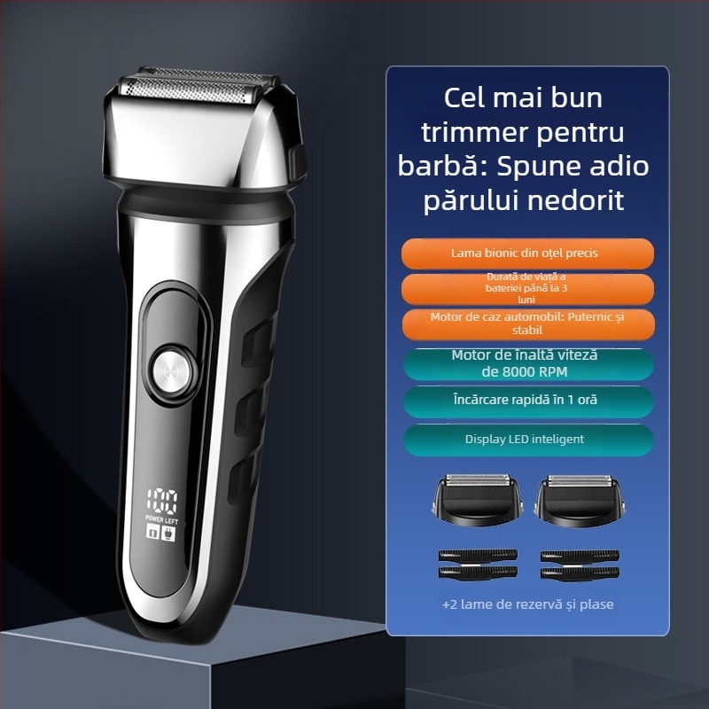 Aparat de ras electric cu cap de 3 lame reciproc, cap de tăiere plutitor, baterie încorporată 500–800 mAh, autonomie de 90 de minute, încărcare USB