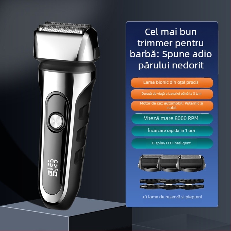 Aparat de ras electric cu cap de 3 lame reciproc, cap de tăiere plutitor, baterie încorporată 500–800 mAh, autonomie de 90 de minute, încărcare USB