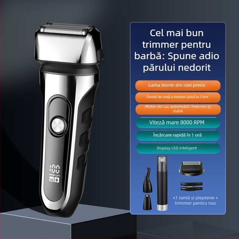 Aparat de ras electric cu cap de 3 lame reciproc, cap de tăiere plutitor, baterie încorporată 500–800 mAh, autonomie de 90 de minute, încărcare USB