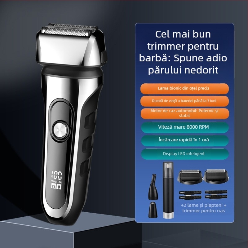 Aparat de ras electric cu cap de 3 lame reciproc, cap de tăiere plutitor, baterie încorporată 500–800 mAh, autonomie de 90 de minute, încărcare USB