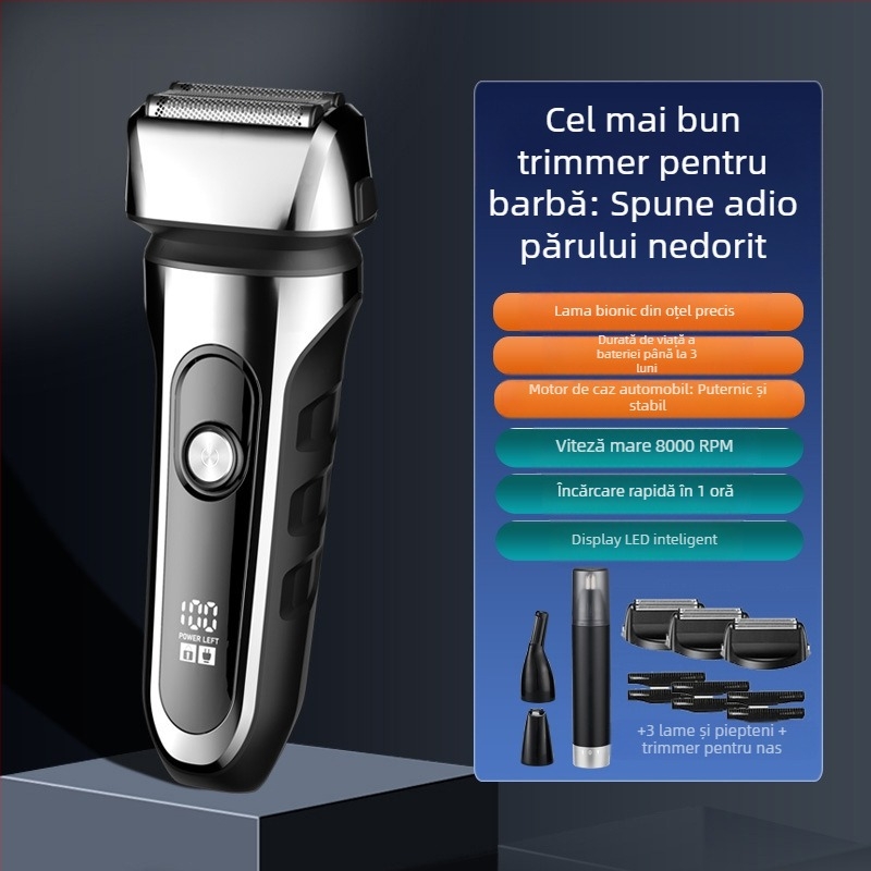 Aparat de ras electric cu cap de 3 lame reciproc, cap de tăiere plutitor, baterie încorporată 500–800 mAh, autonomie de 90 de minute, încărcare USB