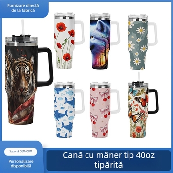 Cană termoizolantă pentru mașină cu mâner și pai — interior din oțel inoxidabil 304, exterior din oțel inoxidabil 201, izolație vacuum 0–6 ore, imprimare logo disponibil
