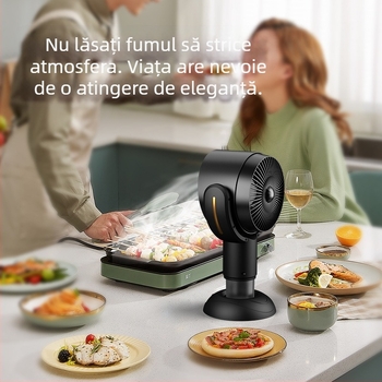 Hotă de bucătărie desktop portabil pentru uz casnic, zgomot redus ≤40 dB, debit de evacuare 4,8 m³/min, putere <150 W, dimensiuni 21×15×35 cm.