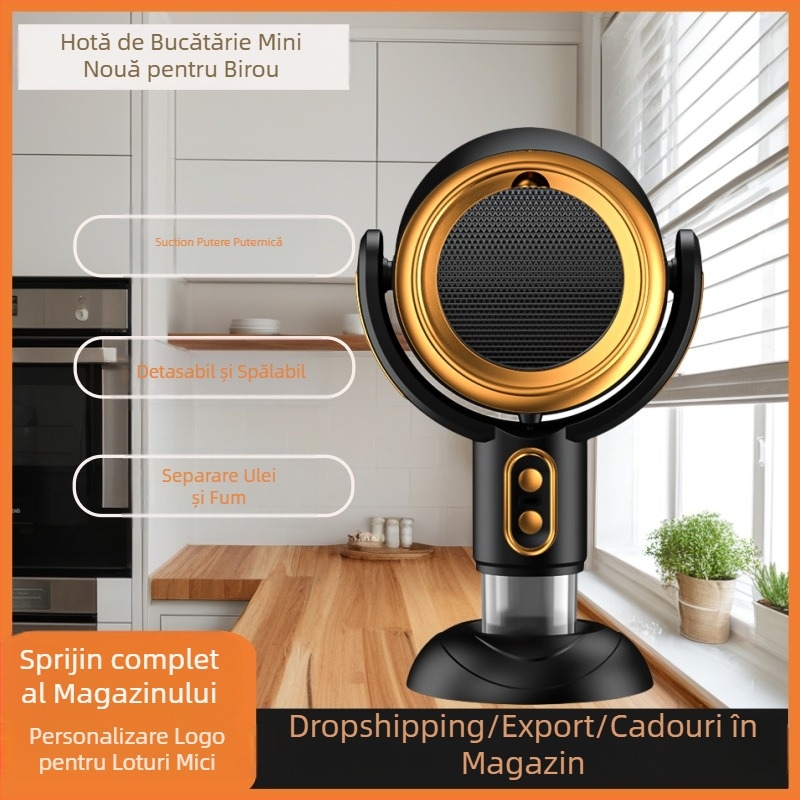 Hotă de bucătărie desktop portabil pentru uz casnic, zgomot redus ≤40 dB, debit de evacuare 4,8 m³/min, putere <150 W, dimensiuni 21×15×35 cm.