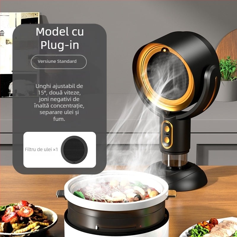 Hotă de bucătărie desktop portabil pentru uz casnic, zgomot redus ≤40 dB, debit de evacuare 4,8 m³/min, putere <150 W, dimensiuni 21×15×35 cm.