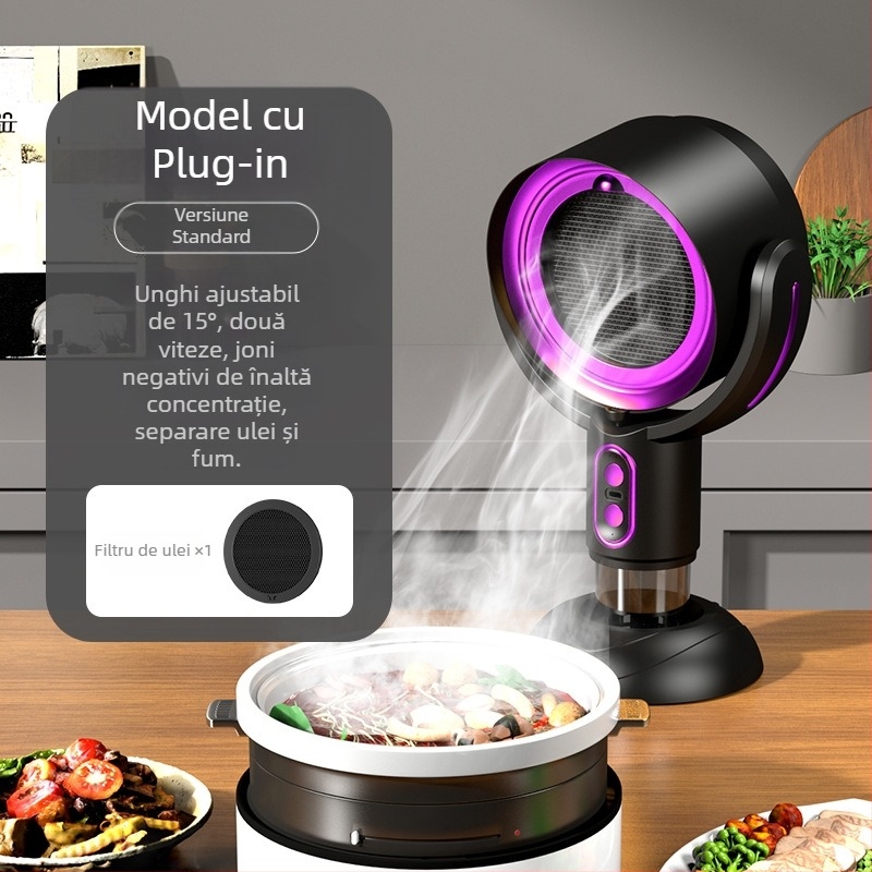 Hotă de bucătărie desktop portabil pentru uz casnic, zgomot redus ≤40 dB, debit de evacuare 4,8 m³/min, putere <150 W, dimensiuni 21×15×35 cm.