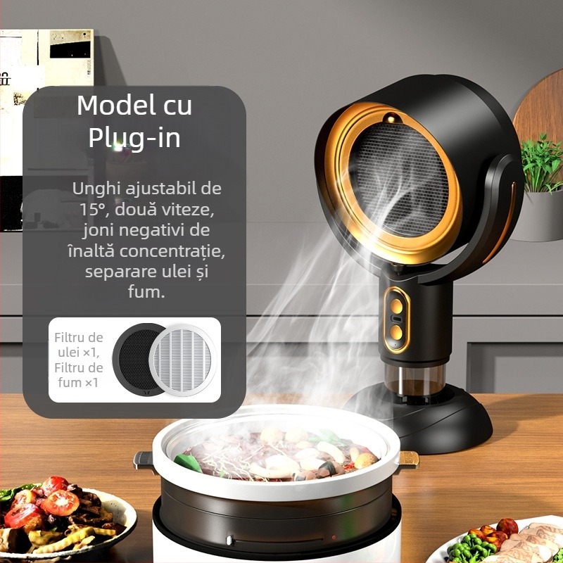 Hotă de bucătărie desktop portabil pentru uz casnic, zgomot redus ≤40 dB, debit de evacuare 4,8 m³/min, putere <150 W, dimensiuni 21×15×35 cm.