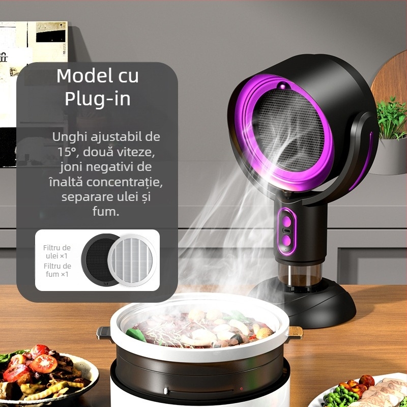 Hotă de bucătărie desktop portabil pentru uz casnic, zgomot redus ≤40 dB, debit de evacuare 4,8 m³/min, putere <150 W, dimensiuni 21×15×35 cm.