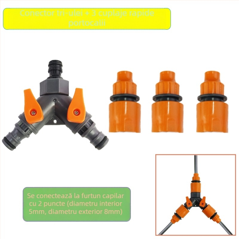 Conector Y din plastic pentru furtun, cu robinet de comutare pentru distribuția apei; conectări rapide 6-, 2-, 3-, 4- și 1 inch; intrare/ieșire 16–19 mm