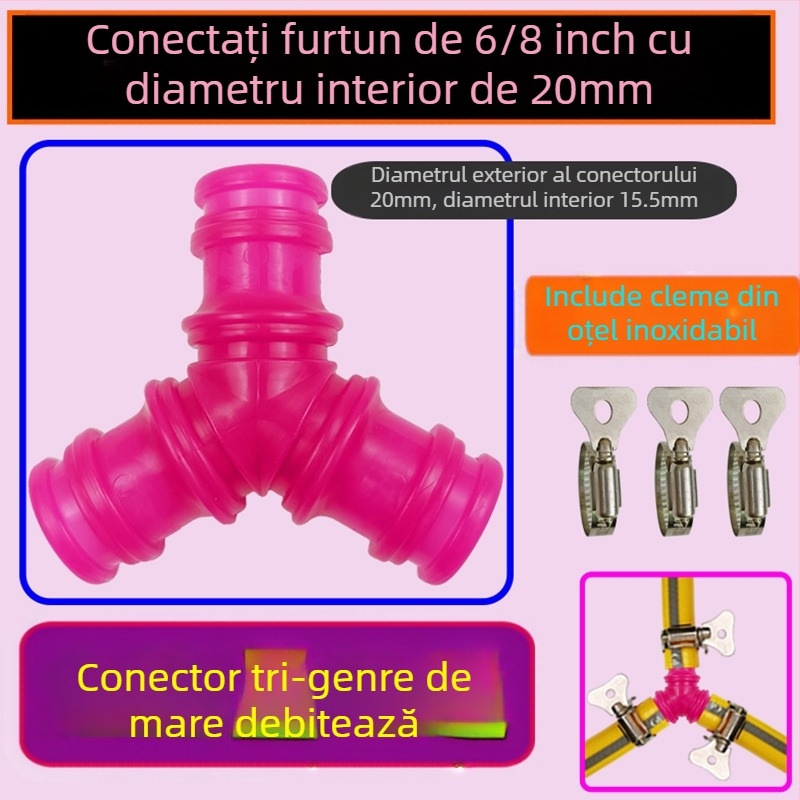 Conector Y din plastic pentru furtun, cu robinet de comutare pentru distribuția apei; conectări rapide 6-, 2-, 3-, 4- și 1 inch; intrare/ieșire 16–19 mm