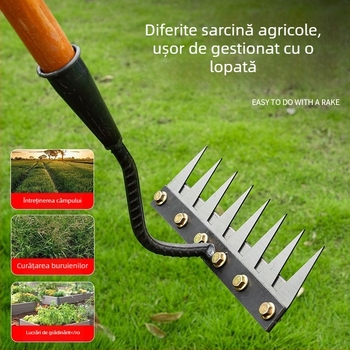 Greblă și lopată de grădină – oțel mangan, cinci dinți, multifuncțional, afânare sol, nivelare teren