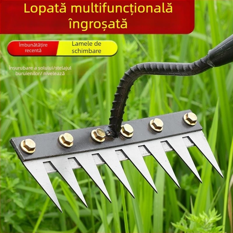 Greblă și lopată de grădină – oțel mangan, cinci dinți, multifuncțional, afânare sol, nivelare teren