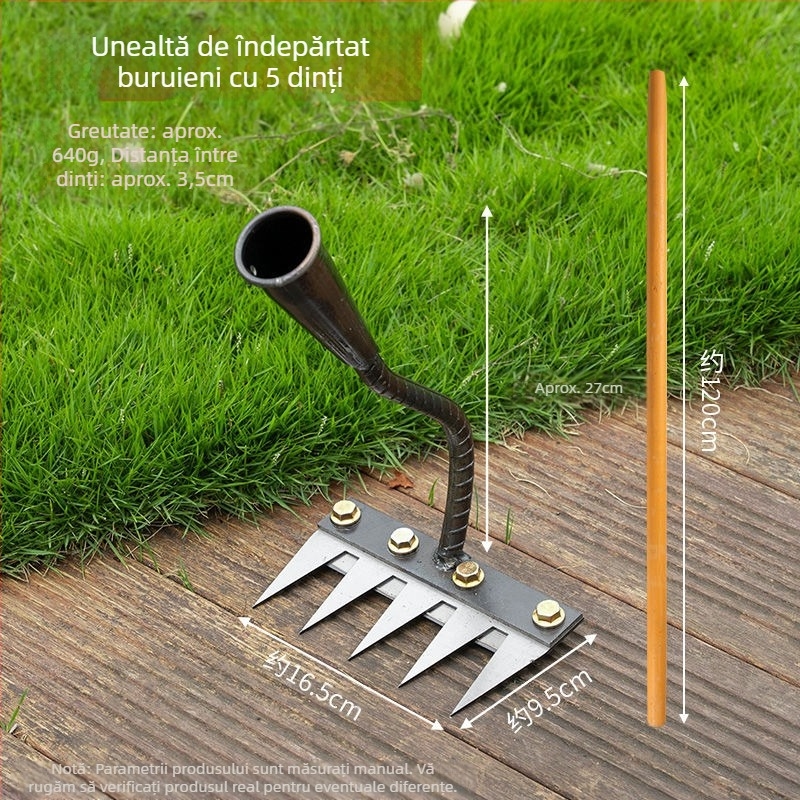 Greblă și lopată de grădină – oțel mangan, cinci dinți, multifuncțional, afânare sol, nivelare teren