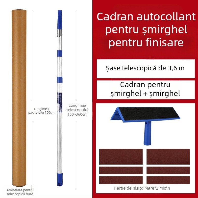 Suport telescopic pentru glet și șmirghel, din aliaj de aluminiu, bază Velcro, pentru șlefuire uscată a gletului pe pereți plați