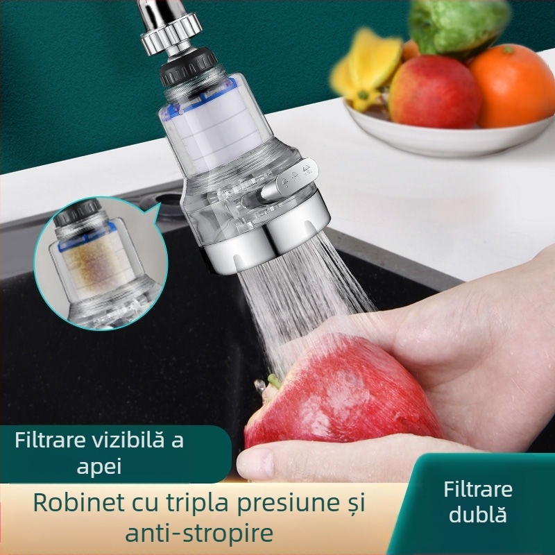 Filtru pentru robinet de casă cu articulație universală de trei viteze, anti-stropire. Material: ABS; Model: 22/24 mm; Finisaj: electroplacare; Montaj: filet rotativ; Temperatură de lucru: 0–80°C; Presiune nominală: 1 bar.