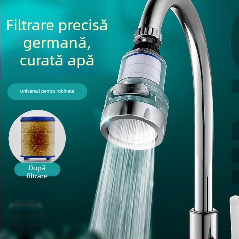 Filtru pentru robinet de casă cu articulație universală de trei viteze, anti-stropire. Material: ABS; Model: 22/24 mm; Finisaj: electroplacare; Montaj: filet rotativ; Temperatură de lucru: 0–80°C; Presiune nominală: 1 bar.
