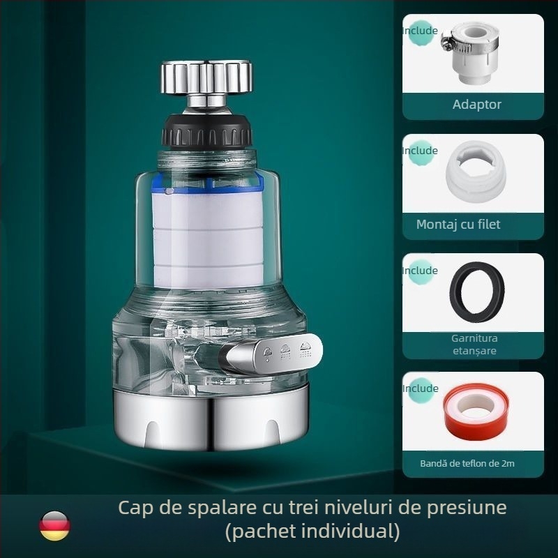 Filtru pentru robinet de casă cu articulație universală de trei viteze, anti-stropire. Material: ABS; Model: 22/24 mm; Finisaj: electroplacare; Montaj: filet rotativ; Temperatură de lucru: 0–80°C; Presiune nominală: 1 bar.