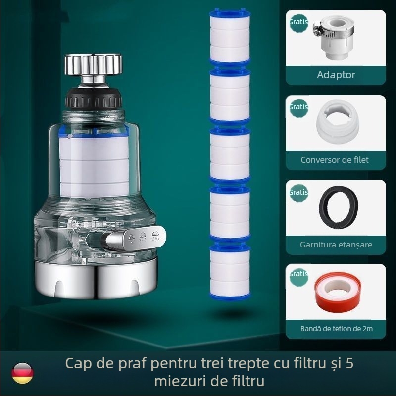Filtru pentru robinet de casă cu articulație universală de trei viteze, anti-stropire. Material: ABS; Model: 22/24 mm; Finisaj: electroplacare; Montaj: filet rotativ; Temperatură de lucru: 0–80°C; Presiune nominală: 1 bar.