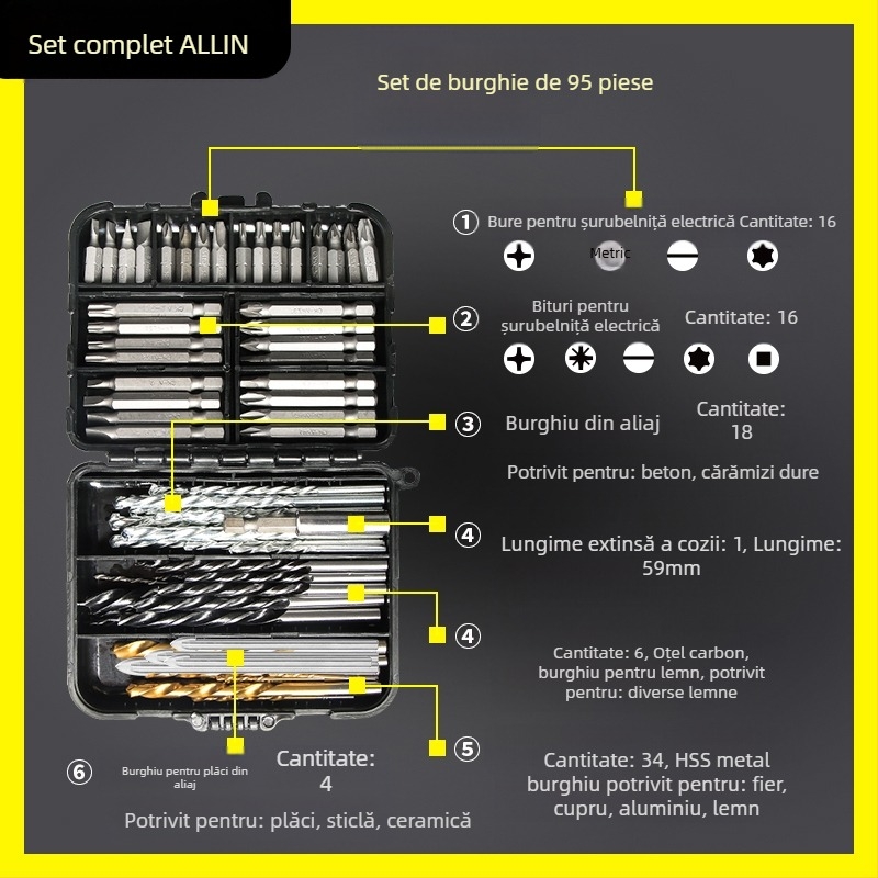 Set multifuncțional de burghie spirale pentru prelucrarea lemnului și construcții; potrivit pentru plăci ceramice și sticlă; include bituri pentru șuruburi și reamer