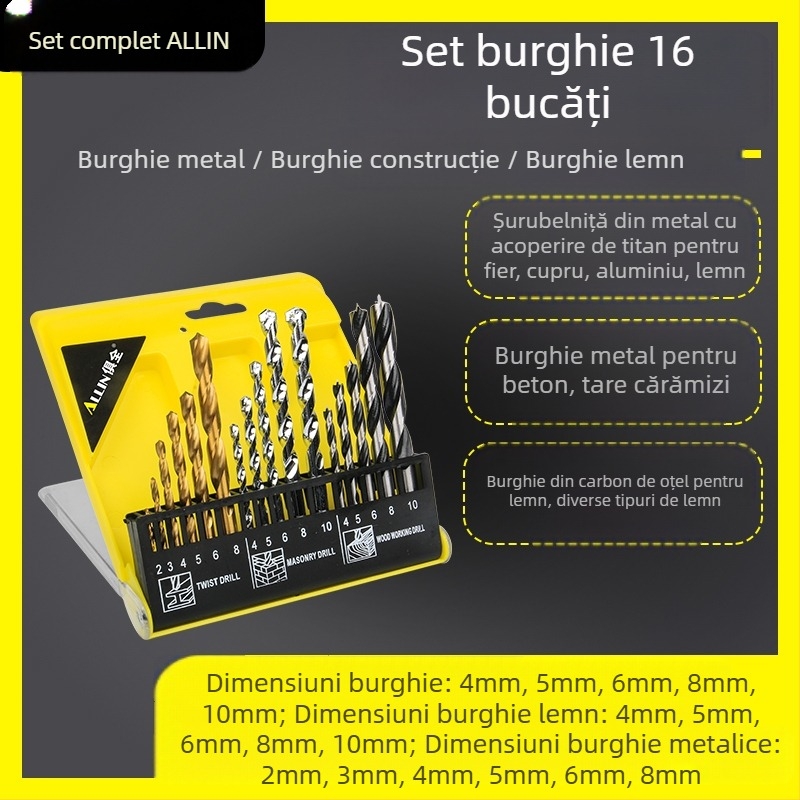 Set multifuncțional de burghie spirale pentru prelucrarea lemnului și construcții; potrivit pentru plăci ceramice și sticlă; include bituri pentru șuruburi și reamer