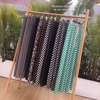 Pantaloni largi de vară pentru femei, talie înaltă, croială dreaptă, model pătrat în carouri (șah), Ice Silk