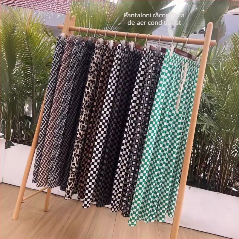 Pantaloni largi de vară pentru femei, talie înaltă, croială dreaptă, model pătrat în carouri (șah), Ice Silk