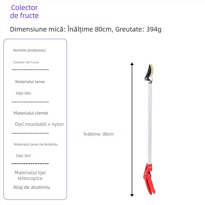 Foarfecă telescopică pentru cules fructe, cu rază lungă pentru ramuri înalte
