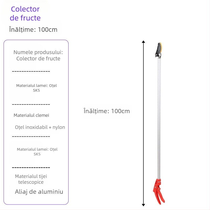 Foarfecă telescopică pentru cules fructe, cu rază lungă pentru ramuri înalte