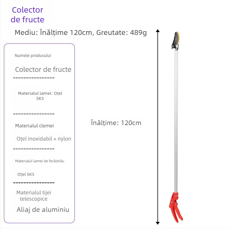 Foarfecă telescopică pentru cules fructe, cu rază lungă pentru ramuri înalte