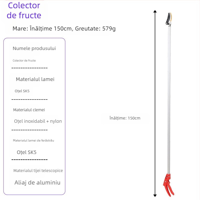 Foarfecă telescopică pentru cules fructe, cu rază lungă pentru ramuri înalte