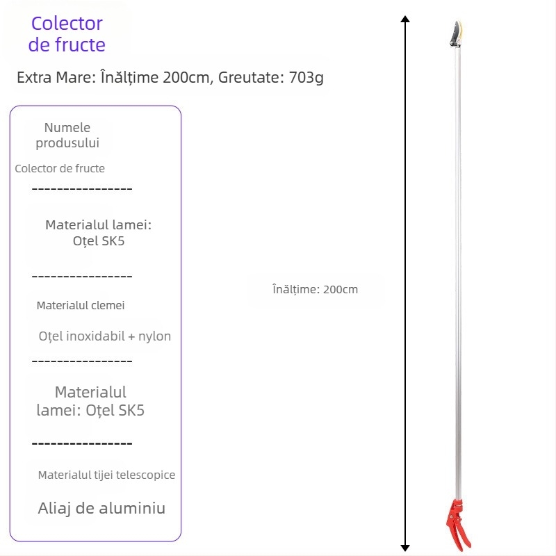 Foarfecă telescopică pentru cules fructe, cu rază lungă pentru ramuri înalte