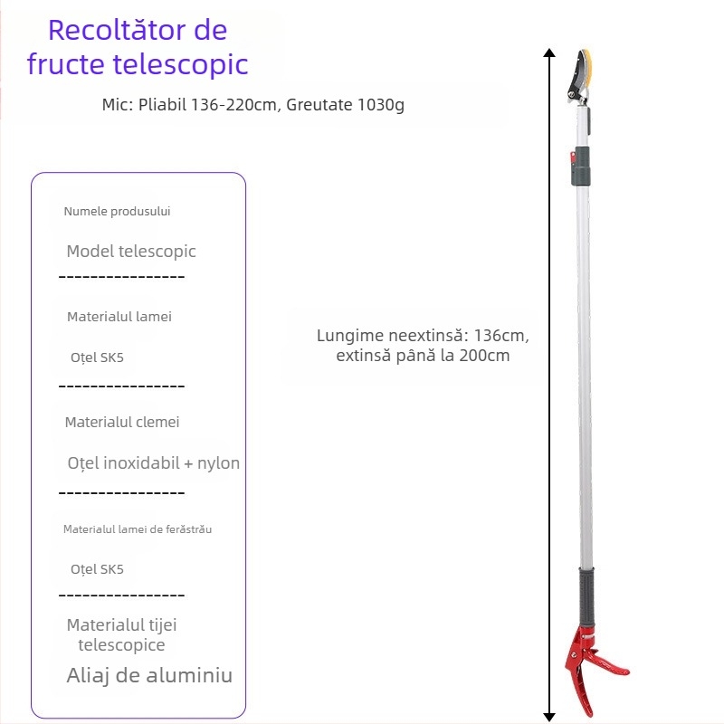 Foarfecă telescopică pentru cules fructe, cu rază lungă pentru ramuri înalte