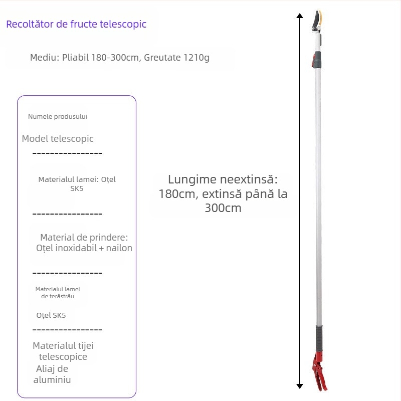 Foarfecă telescopică pentru cules fructe, cu rază lungă pentru ramuri înalte