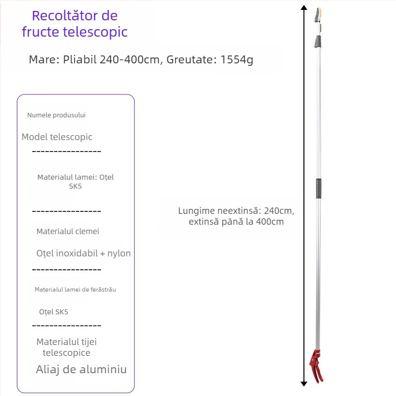 Foarfecă telescopică pentru cules fructe, cu rază lungă pentru ramuri înalte