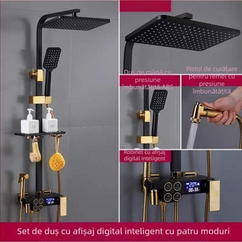Set de duș cu corp din cupru, formă pătrată, montaj pe perete, cu funcții de pulverizare, control al temperaturii și ploaie; patru niveluri de temperatură constantă inteligentă cu afișaj digital