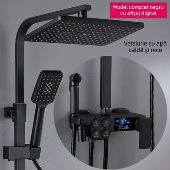 Set de duș cu corp din cupru, formă pătrată, montaj pe perete, cu funcții de pulverizare, control al temperaturii și ploaie; patru niveluri de temperatură constantă inteligentă cu afișaj digital