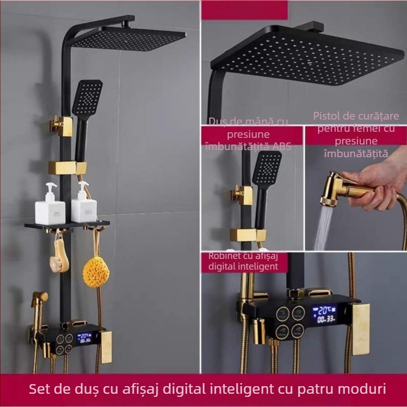 Set de duș cu corp din cupru, formă pătrată, montaj pe perete, cu funcții de pulverizare, control al temperaturii și ploaie; patru niveluri de temperatură constantă inteligentă cu afișaj digital