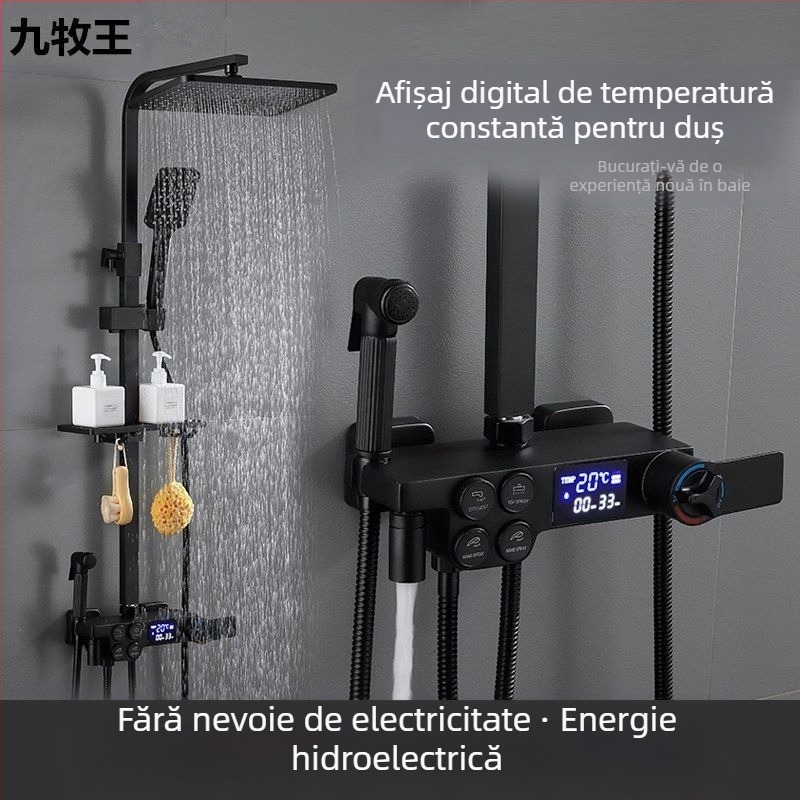 Set de duș cu corp din cupru, formă pătrată, montaj pe perete, cu funcții de pulverizare, control al temperaturii și ploaie; patru niveluri de temperatură constantă inteligentă cu afișaj digital