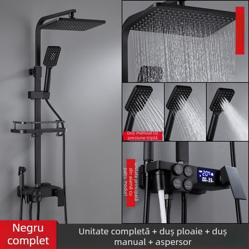 Set de duș cu corp din cupru, formă pătrată, montaj pe perete, cu funcții de pulverizare, control al temperaturii și ploaie; patru niveluri de temperatură constantă inteligentă cu afișaj digital
