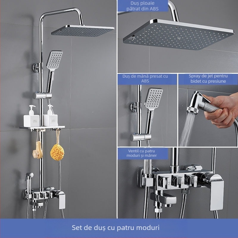 Set de duș cu corp din cupru, formă pătrată, montaj pe perete, cu funcții de pulverizare, control al temperaturii și ploaie; patru niveluri de temperatură constantă inteligentă cu afișaj digital