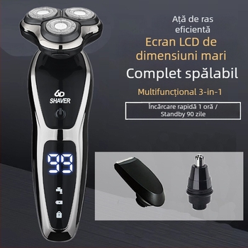Aparat de ras electric pentru bărbați cu cap rotativ de 3 lame, baterie încorporată 500–800 mAh, motor fără perii, reîncărcabil, lavabil pentru întreg corpul, display LED, cap plutitor