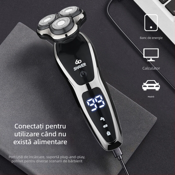 Aparat de ras electric pentru bărbați cu cap rotativ de 3 lame, baterie încorporată 500–800 mAh, motor fără perii, reîncărcabil, lavabil pentru întreg corpul, display LED, cap plutitor