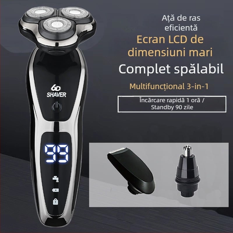 Aparat de ras electric pentru bărbați cu cap rotativ de 3 lame, baterie încorporată 500–800 mAh, motor fără perii, reîncărcabil, lavabil pentru întreg corpul, display LED, cap plutitor